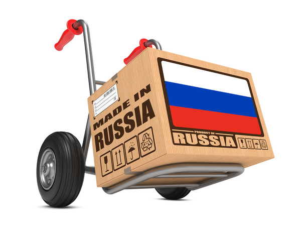 Made in Russia - Cardboard Box on Hand Truck. - Photo, Image