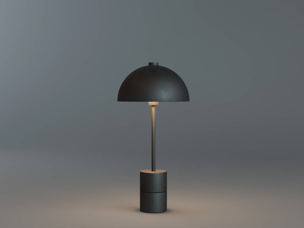 Fekete asztali lámpa bekapcsolt sötét háttérrel. Asztali lámpa 3D modellezése és megjelenítése. 3D renderelés. - Fotó, kép