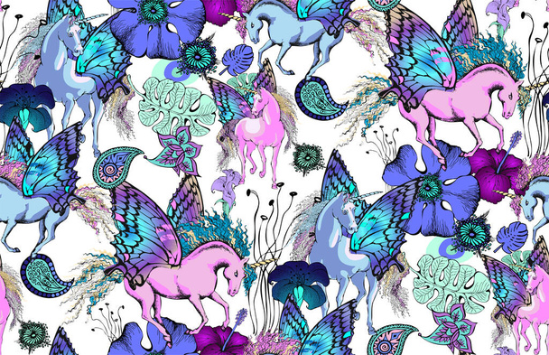 Magic Unicorn. Seamless pattern. Vector illustration. Suitable for fabric, mural, wrapping paper and the like. Will be well to look in the design of children's room - design curtains, wallpapers, fabrics for furniture. - Vector, Image