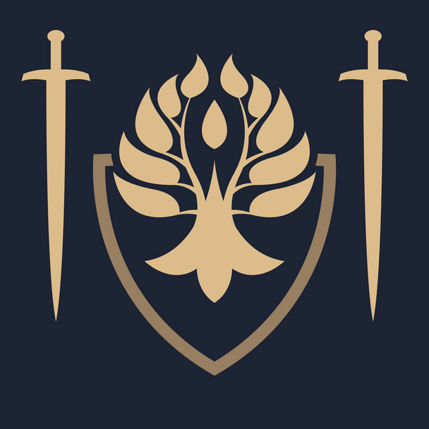 Escudo floral e icono de espadas sobre fondo negro
 - Vector, imagen