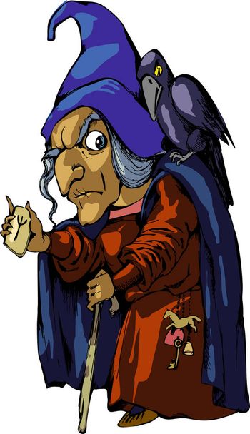 Eine alte Wikinger-Hexe mit einer Wahrsagerrune. Karikatur. Vektorillustration - Vektor, Bild
