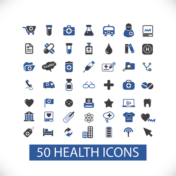 50 egészségügyi, orvosi, kórházi ikonok, szimbólumok készlet, vektor - Vektor, kép