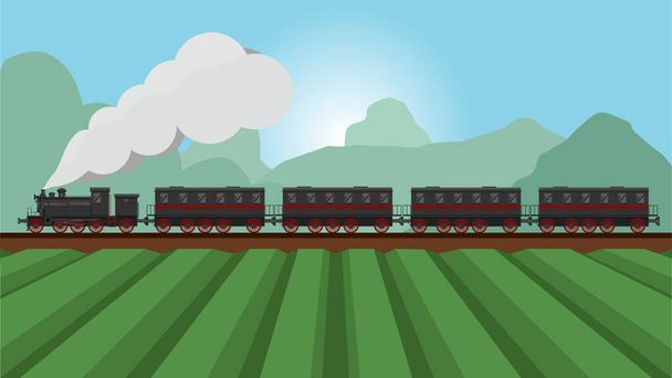 Антикварная модель локомотива WebSteam с черными тонами и красными стальными колесами. Путешествие по сельской местности с сельскохозяйственными угодьями на переднем плане и с горной окружающей средой на заднем плане
. - Вектор,изображение