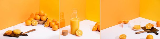 kolaż świeżego soku pomarańczowego, dojrzałe pomarańcze, deska do krojenia nożem na białej powierzchni na pomarańczowym tle - Zdjęcie, obraz