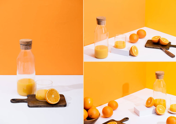 koláž čerstvé pomerančové šťávy ve skle a láhvi v blízkosti řezu ovoce na dřevěné řezací desce na bílém povrchu na oranžovém pozadí - Fotografie, Obrázek