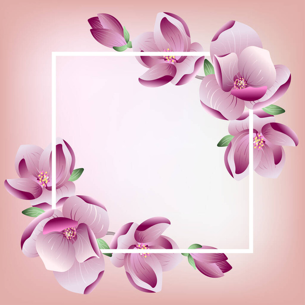 Letní ročník Květinové přání šablona s kvetoucí magnólie květiny rám, botanické přírodní Ilustrace v realistickém svatebním stylu s místem pro váš text - Vektor, obrázek