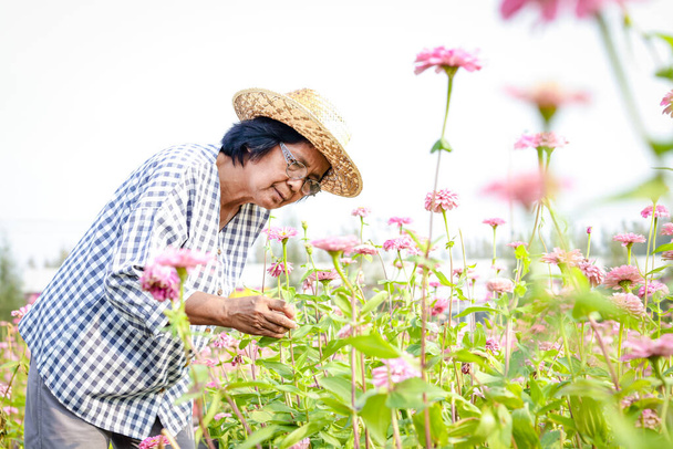 Μια ηλικιωμένη Ασιάτισσα στέκεται σε έναν κήπο με λουλούδια απολαμβάνοντας τη ζωή μετά τη συνταξιοδότηση. Έννοιες της ηλικιωμένης κοινότητας, υγειονομική περίθαλψη - Φωτογραφία, εικόνα