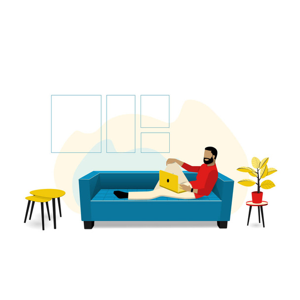 Hombre sentado en el sofá en la sala de estar. Relájese o trabaje en un sofá cómodo en la noche o en el fin de semana en casa. Ilustración de vectores planos
. - Vector, imagen