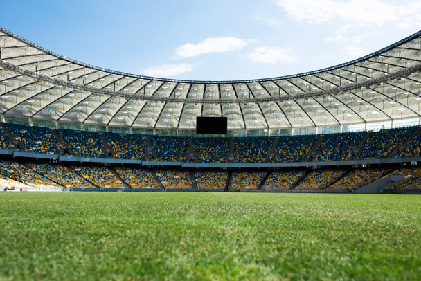 füves focipálya a stadionban a napsütéses napon a kék ég - Fotó, kép