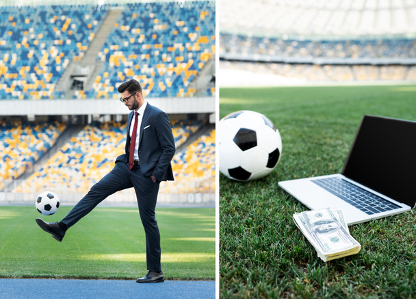 サッカーボールで遊ぶスーツや眼鏡を着た若いビジネスマンのコラージュ スタジアムでボールと草の上のお金を持つラップトップ ロイヤリティフリー写真 画像素材
