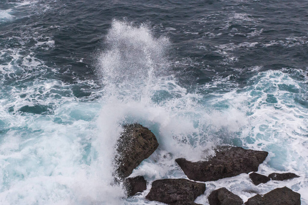 Stormy sea. Wave splash. The wave beats on the shore. Sea spray and foam around the stone. Water element. Storm at sea. Ebbs and flows. Power of nature. - Fotoğraf, Görsel