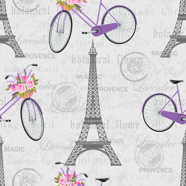 Seamless pattern with Eiffel Tower, bicycle, basket full of flowers - Vector, Image