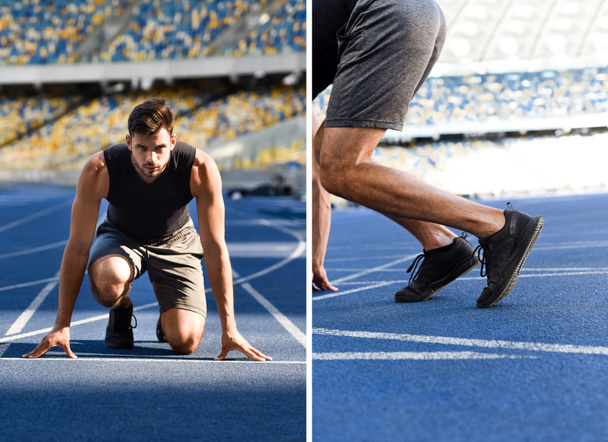 collage of handsome runner in start position on running track at stadium - Foto, Bild
