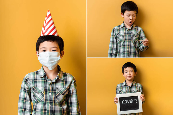 パーティーコーンと医療用マスクのアジア系少年とのコラージュ、サインを保持し、 covid-19流行の間に黄色温度計を見て - 写真・画像