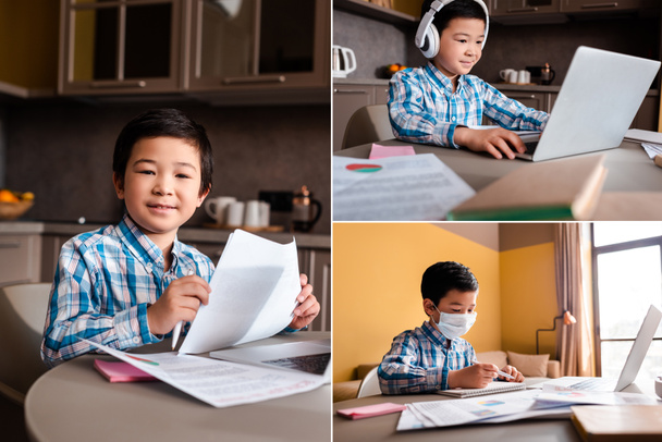 kollaasi aasialainen poika opiskelee verkossa papereita, kirjoja, kannettava tietokone ja kuulokkeet kotona karanteenin aikana - Valokuva, kuva