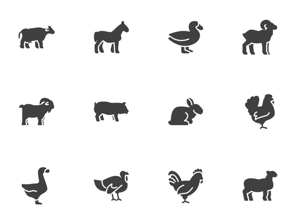 Набор векторных иконок сельскохозяйственных животных, современная сплошная коллекция символов, заполненный набор пиктограмм. Знаки, иллюстрации логотипа. В набор входят корова, пиг, овца, коза, петух, курица, индейка, кролик, курица
 - Вектор,изображение