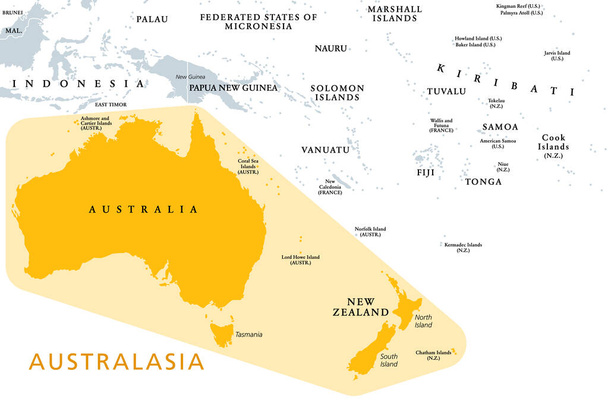 Australasia, Australia e Nuova Zelanda, una subregione dell'Oceania, mappa politica. Nel geoschema delle Nazioni Unite il continente Australia con la Nuova Zelanda. Una regione nell'Oceano Pacifico. Inglese. Illustrazione. Vettore
. - Vettoriali, immagini