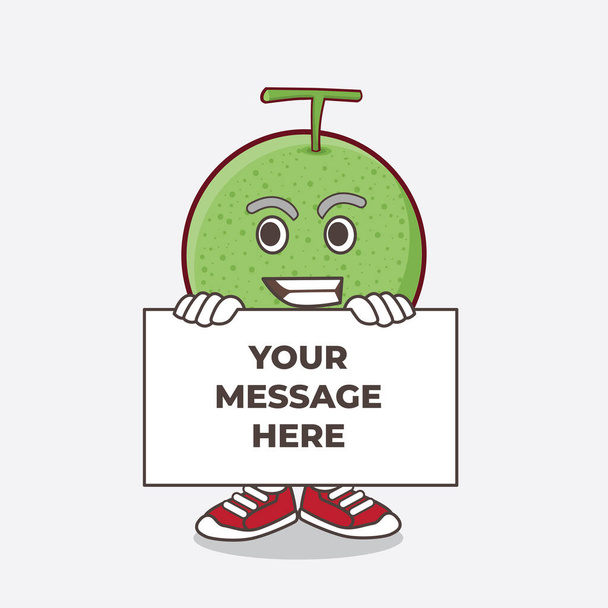 Uma ilustração de Melon Fruit personagem mascote de desenho animado com rosto engraçado se esconde atrás de uma placa
 - Vetor, Imagem