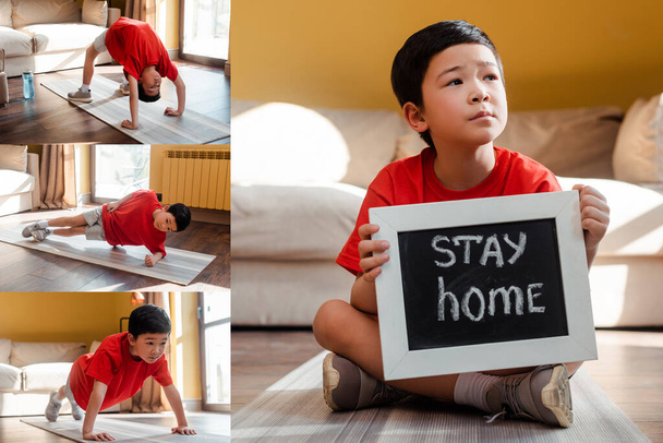 collage with sportive asian boy exercising and holding board with stay home lettering during self isolation - Photo, Image