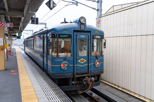 Kyoto Prefecture, Japan - DEC 26, 2019 : Tango AO-MATSU Train. A comfortable and modern style design sightseeing train. Reservation not required, operating everyday. Kyoto Tango Railway. - Photo, Image