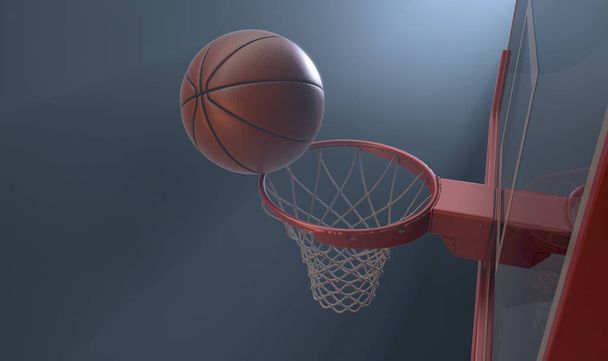 Een actie shot van een regelmatige basketbal teetering op de rand van een rode basketbal ring dramatisch gevlekt van achteren op een geïsoleerde donkere achtergrond - 3D render - Foto, afbeelding