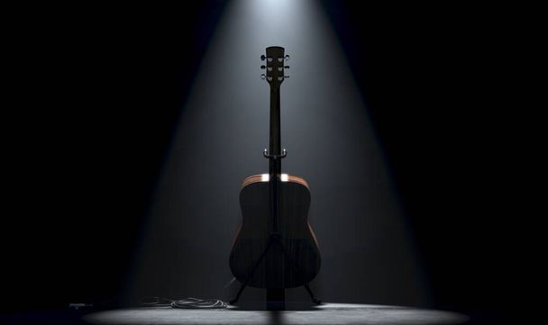 Egy akusztikus gitár nyugszik a stand egy zenei koncert színpadon világít egyetlen drámai reflektorfény egy sötét háttér - 3D render - Fotó, kép