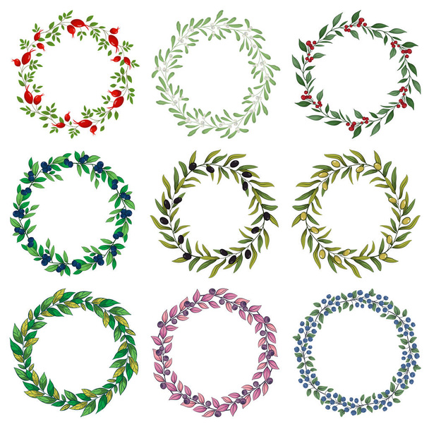 Set of floral wreaths; round floral frames for greeting cards, wedding cards, invitations, posters, banners. - Вектор,изображение