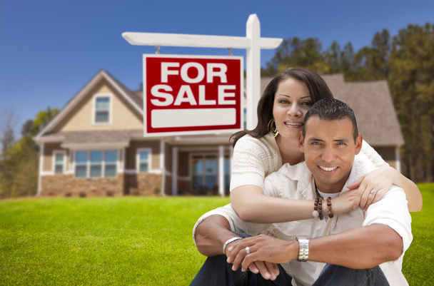 Hispanic Couple, New Home and For Sale Real Estate Sign - Photo, image
