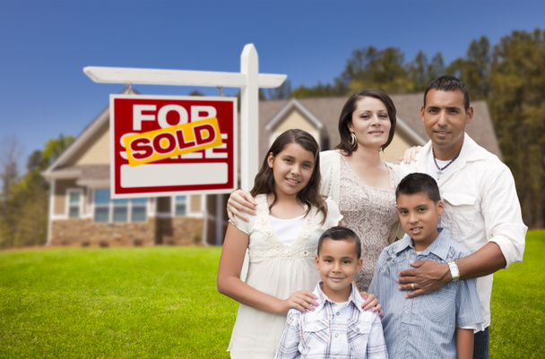 Hispanic Family, New Home and Sold Real Estate Sign - Photo, Image