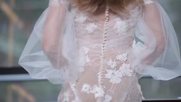 長い髪の若い女性のポーズで透明なウェディングドレス - 映像、動画