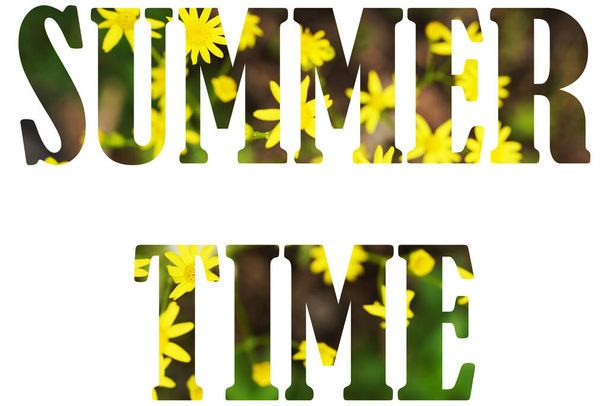 Květinové písmo abeceda SUMMER TIME z Real živé žluté květy na pozadí. Koncept kvetení, léto - Fotografie, Obrázek