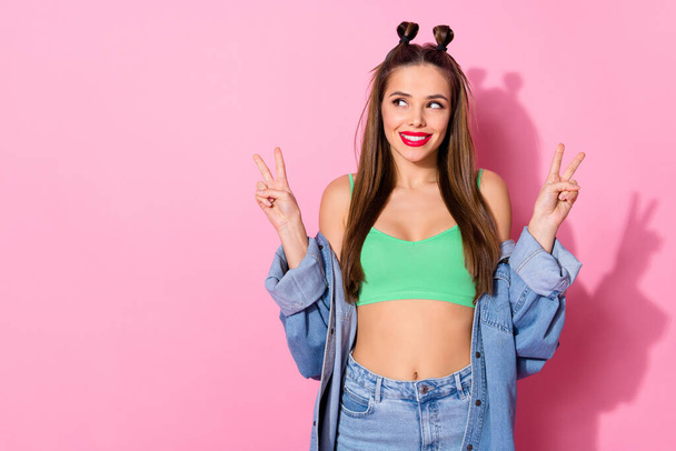 Portrait of dreamy cute pretty youth girl enjoy spring free time holiday show v-sign look copyspace wear good look clothes isolated over pastel color background - Fotoğraf, Görsel