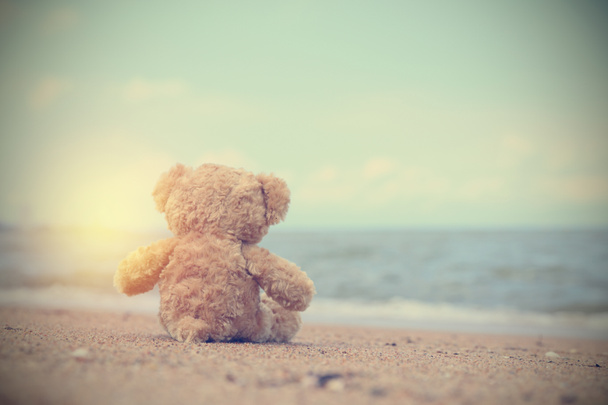 Teddy bear sitting on the beach look on the sea feel lonely. Image vintage style with copy space. - Photo, Image