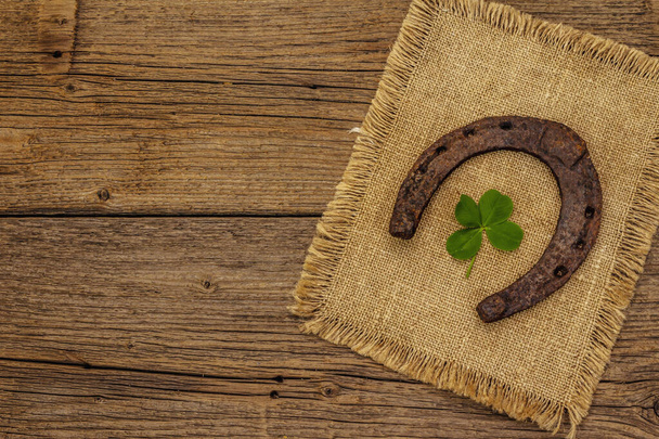 Very old cast iron metal horse horseshoe, fresh clover leaf. Good luck symbol, St.Patrick's Day concept. Antique wooden background, horse accessories - Photo, Image
