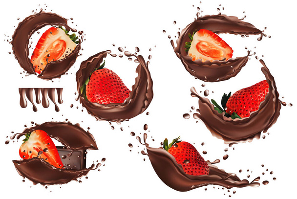 3D реалістичний шоколад з полуницею. Колекція полуниці вкрита шоколадом. Солодкий шоколадний десерт на білому тлі. Красива ілюстрація
. - Фото, зображення