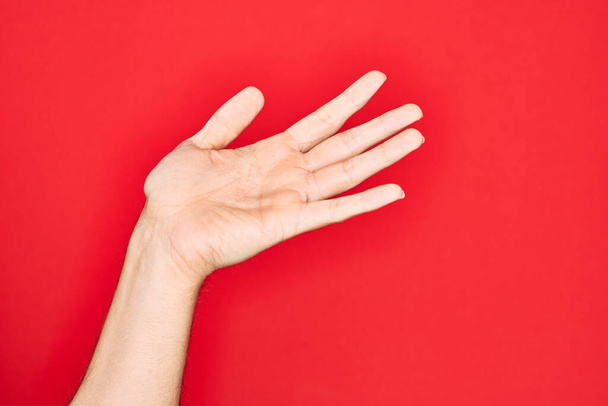 Mano de joven caucásico mostrando los dedos sobre fondo rojo aislado presentando con la palma abierta, buscando apoyo y ayuda, gesto de asistencia - Foto, Imagen