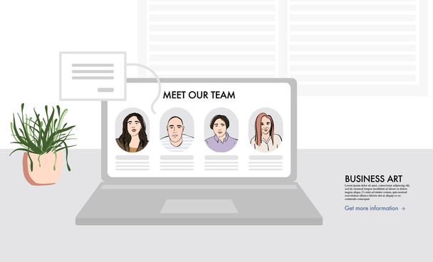 リモートオフィスチームメンバー、サポートビジネスワーカーランディングページ。幸せな若い多様性漫画のキャラクター、企業は、コンピュータ上で作業チームをサポートしています。ベクトル平図 . - ベクター画像