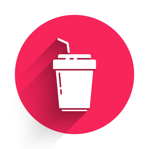 White Coffee cup to go icon isolated with long shadow. Red circle button. Vector Illustration - Vektor, kép