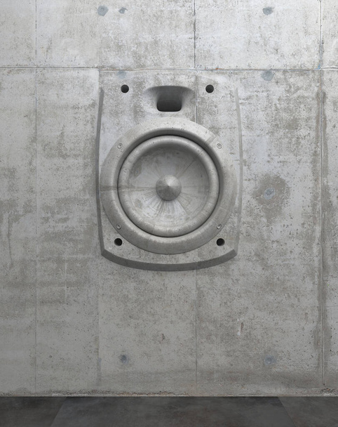 Zementskulptur in Form eines Lautsprechers an einer Betonfassadenwand. 3D Wandpaneel des Audiosystems. Kreative Konzeptkunst der Moderne. Musikwand. 3D-Rendering - Foto, Bild