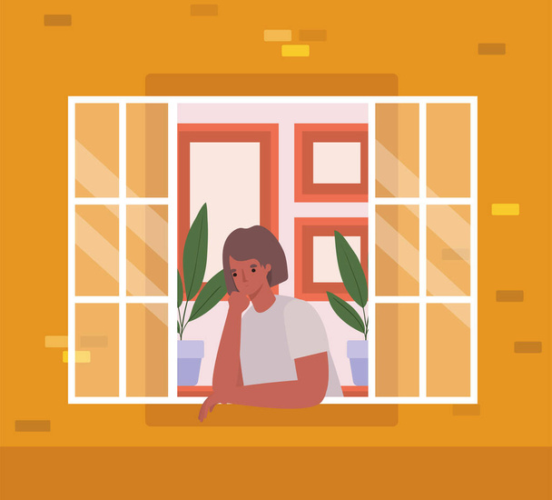 Nainen katselee ulos ikkunasta oranssi talo vektori suunnittelu
 - Vektori, kuva