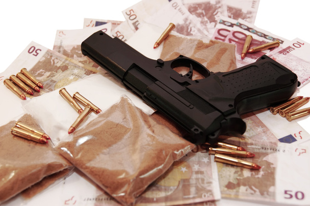 drugs vice pistool en geld - Foto, afbeelding