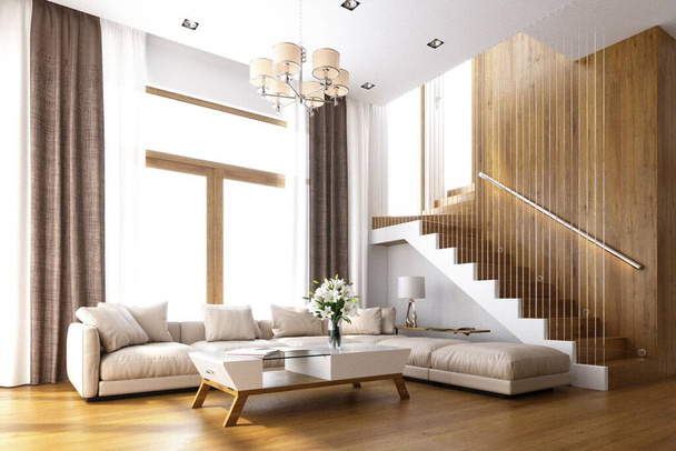 3d renderizado de casa sala de estar y comedor
 - Foto, Imagen