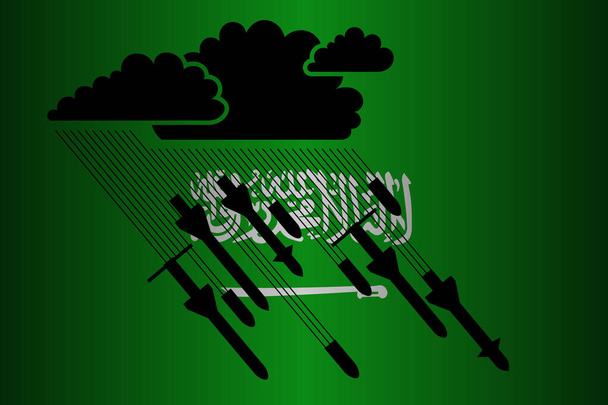 Ilustração para o conflito armado, militar, guerra, confronto na Arábia Saudita. De uma nuvem de trovão, chuva derrama, caindo de foguetes, conchas no fundo da bandeira da Arábia Saudita. Vetor
 - Vetor, Imagem