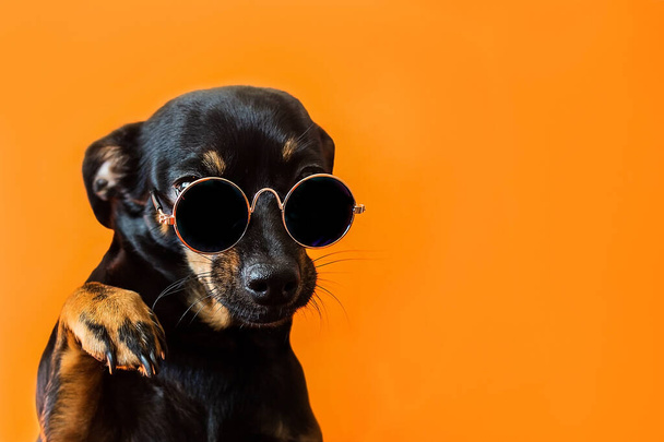 赤い背景に眼鏡をかけた黒い犬 - 写真・画像