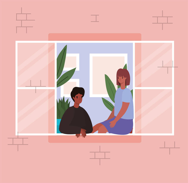 Пара, смотрящая в окно из розового векторного дизайна дома
 - Вектор,изображение