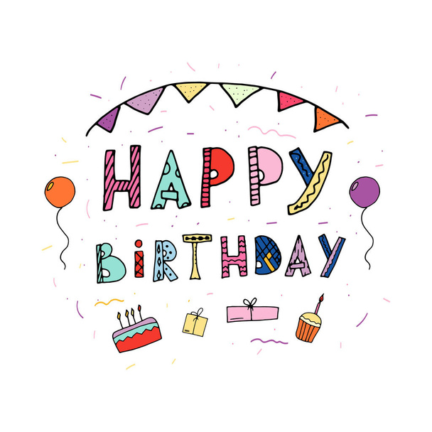 Happy birthday celebration event greeting card template with cake, balloons and presents. doodle vector - Vektör, Görsel