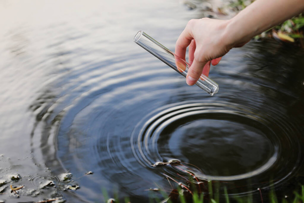 Científico y biólogo hidro-biólogo toma muestras de agua para su análisis. La mano recoge el agua en un tubo de ensayo. Concepto de contaminación del agua de estanque
. - Foto, imagen