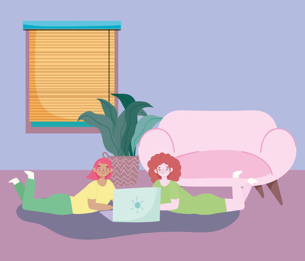 working remotely, young women liying in floor with laptop - Vector, Image