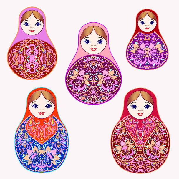 Set of colorful nesting dolls. Traditional russian pattern - art symbol. Classical design and decorating, vector print. - Vector, Imagen