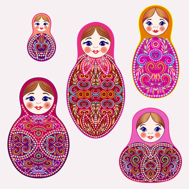 Set of colorful nesting dolls. Traditional russian pattern - art symbol. Classical design and decorating, vector print. - Vettoriali, immagini